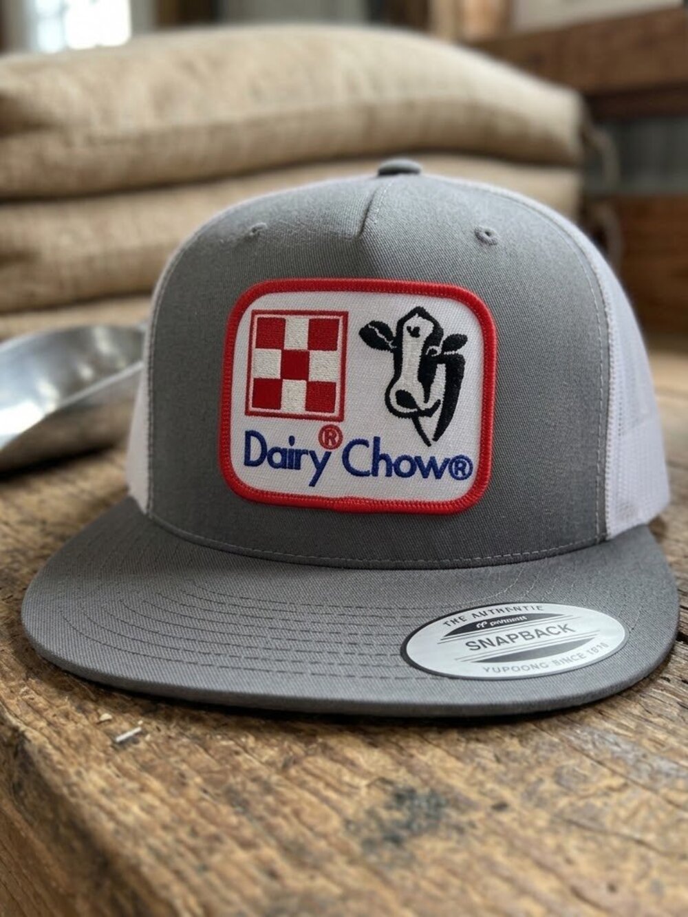 Retro Dairy Chow Hat Farm Feed Patch Yupoong Flat Bill Grey White Snapback Cap